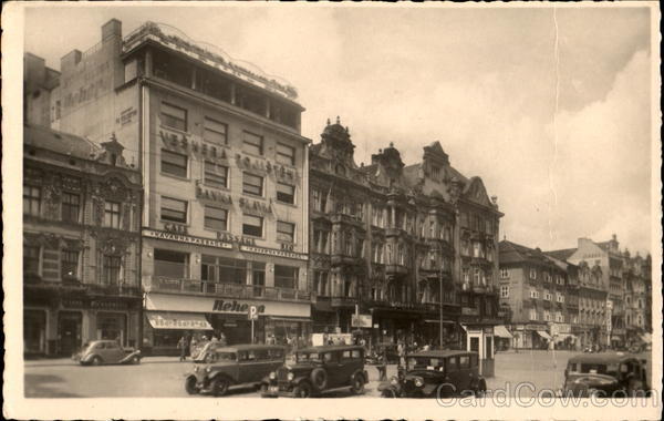 Street with cars and shops Plzen Czech Republic Germany