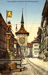 Kramgassen, Zeitglocken und Zahringerbrunne Berne, Switzerland Postcard Postcard