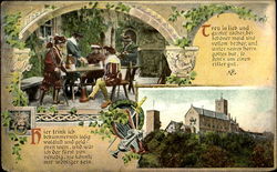 Middle Age scene with German writing Postcard