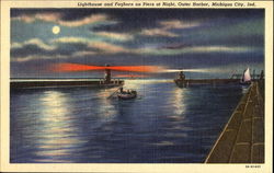 Lighthouse And Foghorn On Piers At Night, Outer Harbor Michigan City, IN Postcard Postcard