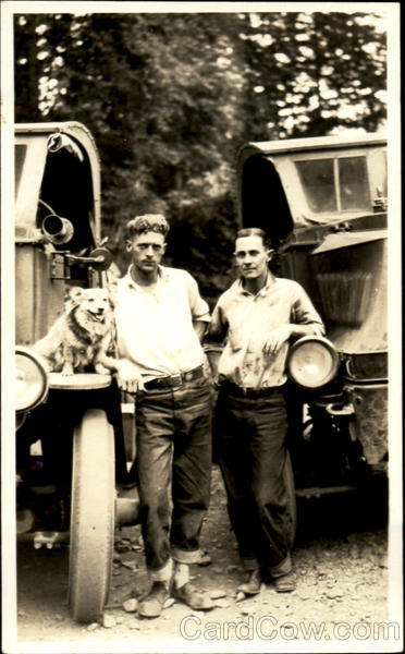 Two Men with Trucks, Dog