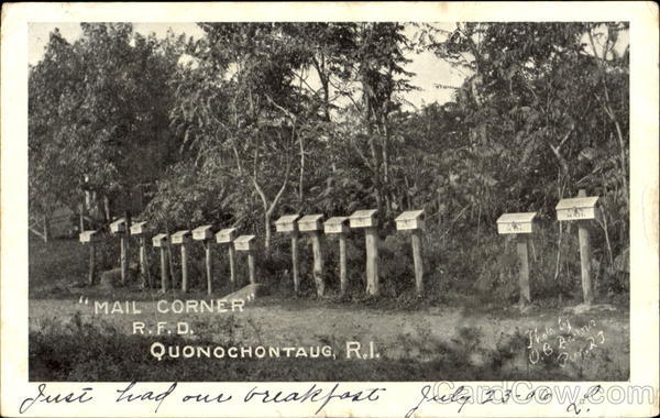 Mail Corner R. F. D, Quonochontaug Charlestown Rhode Island