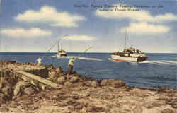 Fishing: Deep-Sea Fishing Cruisers Passing Fishermen on the Jetties in Florida Waters Postcard Postcard