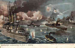 Battleships endeavoring to force a landing Postcard