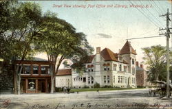 Street View Showing Post Office and Library Westerly, RI Postcard Postcard