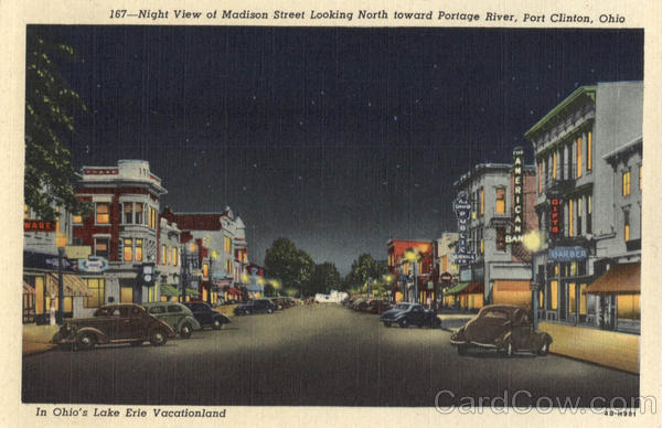 Night view of Madison Street Looking North toward Portage River Port Clinton Ohio