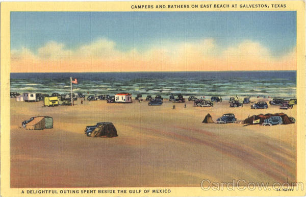 Campers And Bathers On East Beach At Galveston Texas