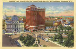 Exchange Place Showing City Hall, Biltmore Hotel and Civil War Monument Providence, RI Postcard Postcard