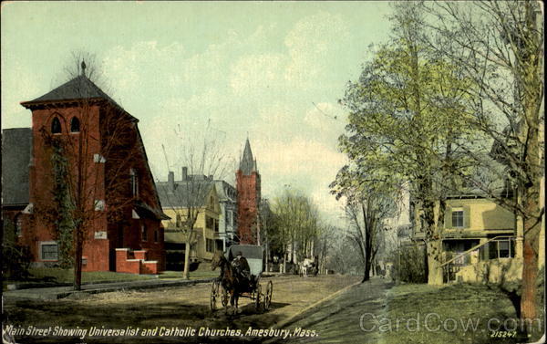 Main Street Showing Universalist And Catholic Churches Amesbury Massachusetts