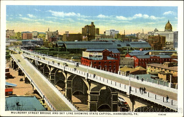 Mulberry Street Bridge And Sky Line Showing State Capitol Harrisburg Pennsylvania