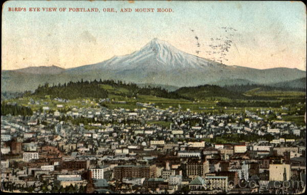 Bird's Eye View Of Portland And Mound Hood Oregon