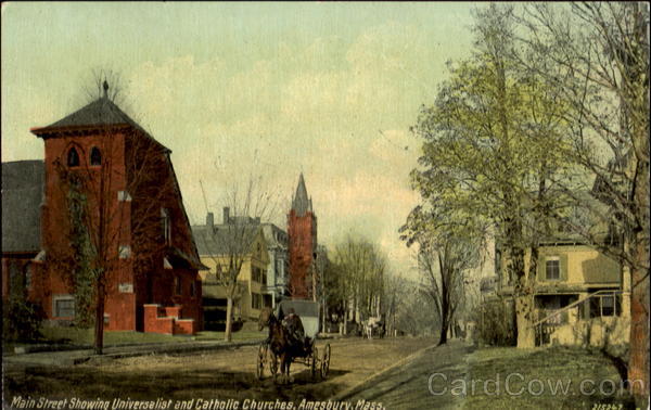 Main Street Showing Universalist And Catholic Churches Amesbury Massachusetts