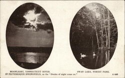 Moonlight, Connecticut River And Swan Lake, Forest Park In Picturesque Postcard
