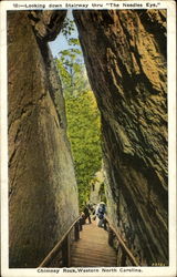 Looking Down Stairway Thru The Needles Eye, Chimney Rock, Western North Carolina Postcard