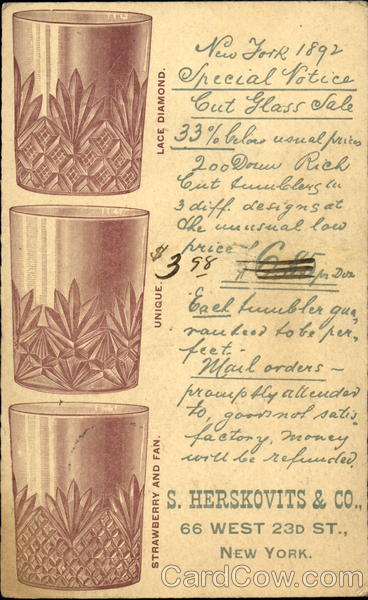 S. Herskovits & Co. 66 West 23d St. Cut Glass Sale New York
