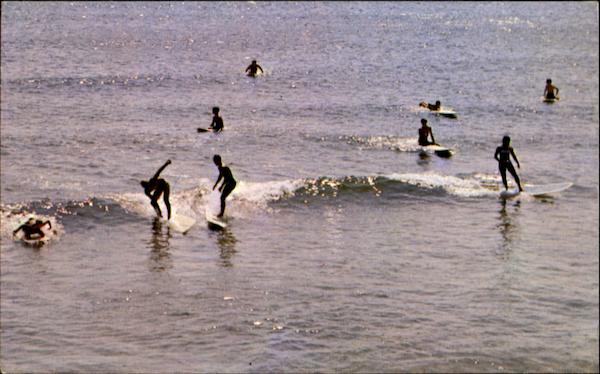 Group of Surfers Surfing and Waterskiing
