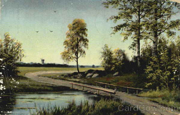 Stream with Bridge and Windmill in Background Scenic