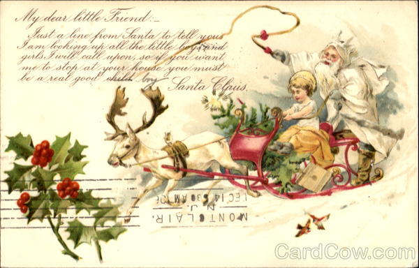 White Robe Santa with Child on Sleigh Santa Claus