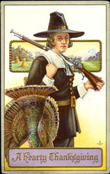 A Hearty Thanksgiving Pilgrims Postcard Postcard