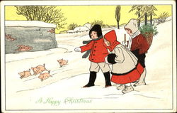 A Happy Christmas children Pigs Postcard