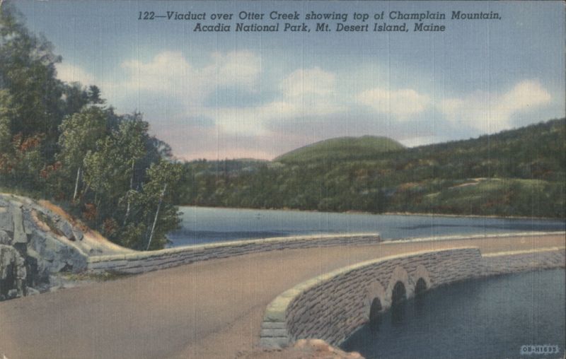 Viaduct over Otter Creek showing top of Champlain Mountain, Acadia National Park