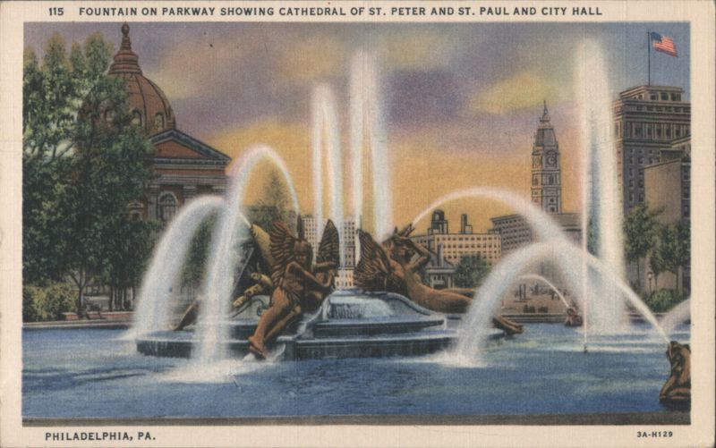 Fountain on Parkway Showing Cathedral of St. Peter and St. Paul and City Hall Philadelphia Pennsylvania