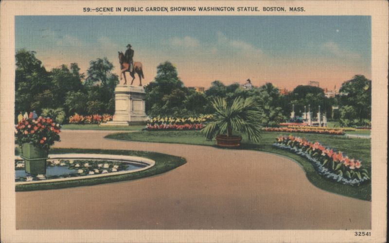 Scene in Public Garden Showing Washington Statue Boston Massachusetts