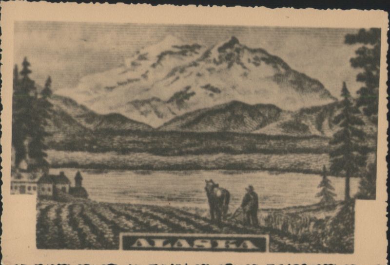 Alaska Mountain Landscape with Farmer and Horse Plowing