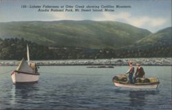 Lobster Fishermen at Otter Creek showing Cadillac Mountain, Acadia National Park Postcard
