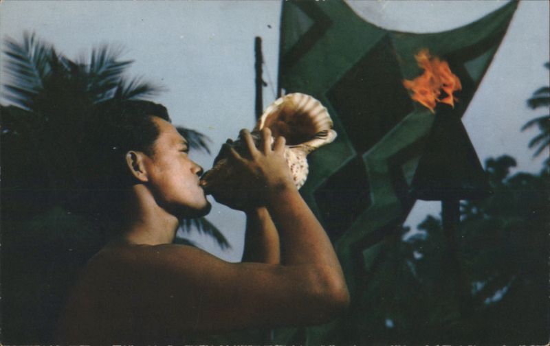 Man Blowing Conch Shell, Coco Palms Hotel, Kauai Wailua Hawaii