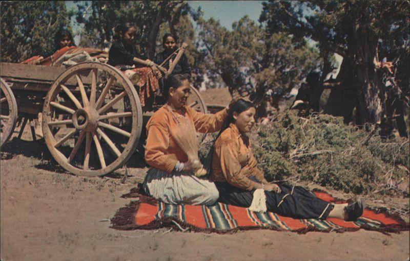 Navajo Woman Brushing Girl's Hair, Hogan & Wagon Native Americana