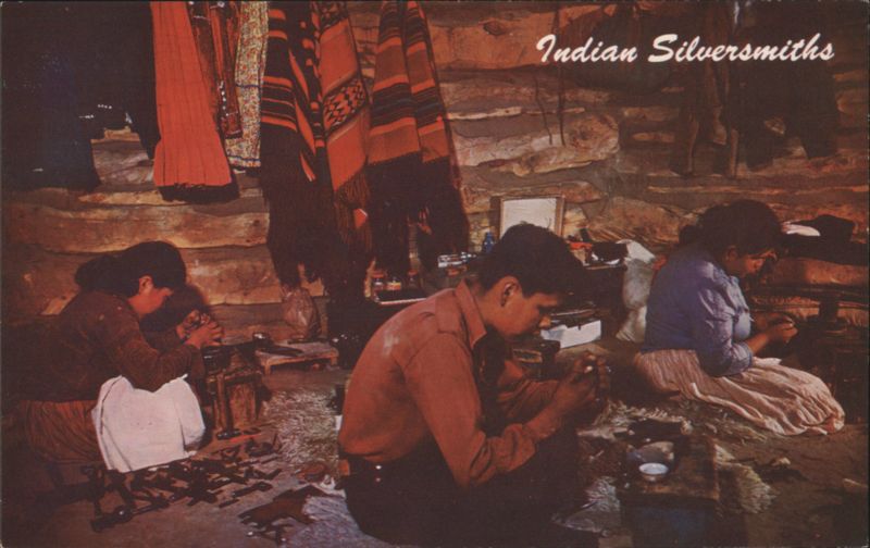 Indian Silversmiths at Work in a Hogan Native Americana
