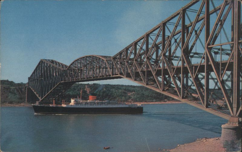 Quebec Bridge with Ship, St. Lawrence River QC Canada