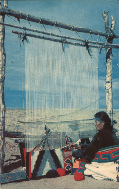 Native American Woman Weaving Rug Outdoors Native Americana