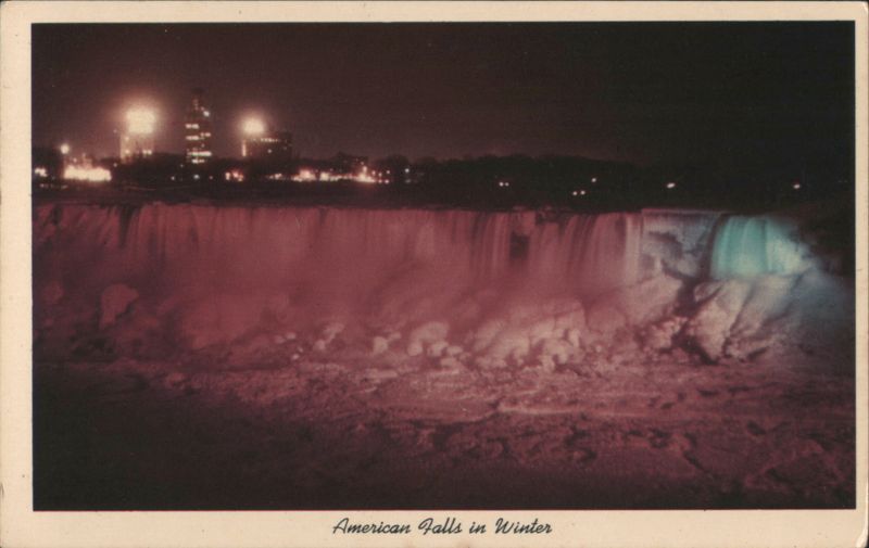 American Falls in Winter, Night Illumination Niagara Falls New York