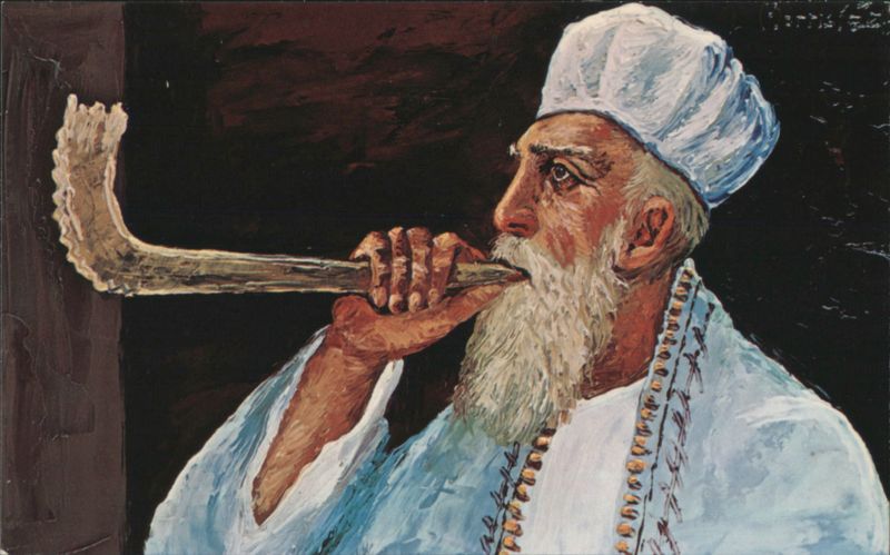 Man Blowing Shofar, Jewish New Year Greeting Morris Katz