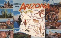 Greetings from Arizona, State Map and Landmarks Postcard