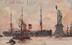 Cunard Line Steamer & Statue of Liberty, New York Bay Postcard
