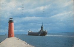 Milwaukee Harbor Entrance, Lighthouse and Ship Postcard