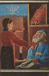 Jewish Scene: Girl, Elder, and Torah Scroll by Morris Katz Postcard