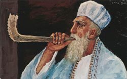Man Blowing Shofar, Jewish New Year Greeting Postcard