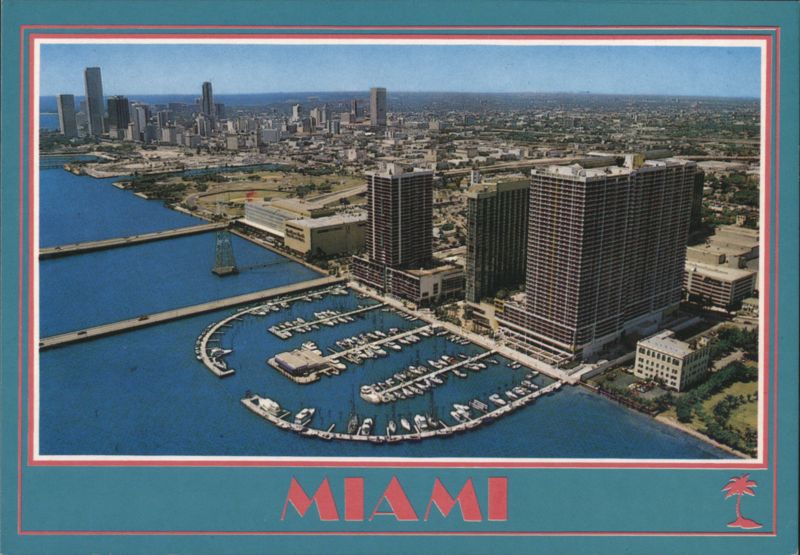Miami, FL: Aerial of Biscayne Bay, Marina, and Skyline Florida