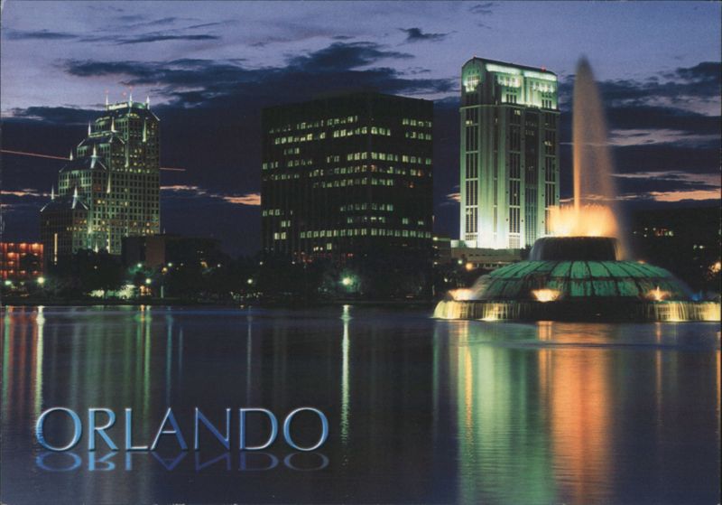 Orlando Skyline at Night, Lake Eola Fountain Florida