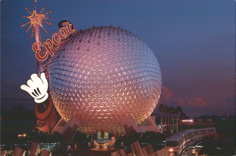 Epcot Spaceship Earth and Monorail at Dusk Disney