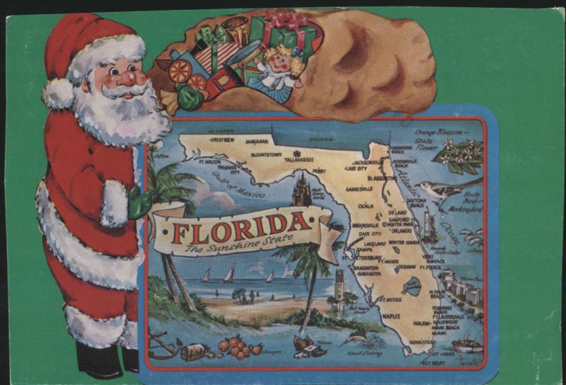 Santa Claus with Map of Florida, The Sunshine State