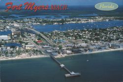 Fort Myers Beach, FL - Aerial of Beach, Pier & Waterways Postcard