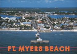 Ft. Myers Beach, Aerial View with Pier and Bridge Postcard