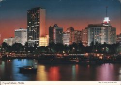 Tropical Miami, Florida Skyline at Night from Yacht Basin Postcard