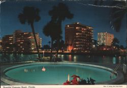 Pompano Beach Hotels and Pool at Night, Florida Postcard