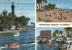 Pompano Beach, Florida - Beach, Marina & Hillsboro Lighthouse Postcard